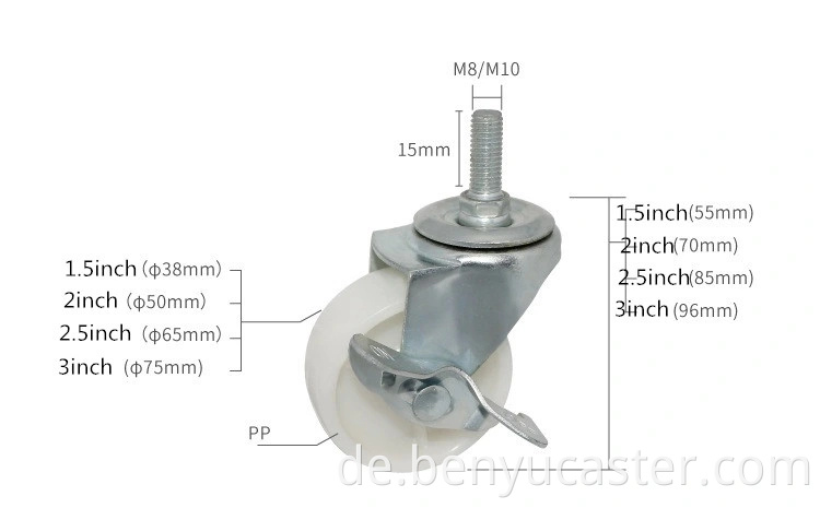 1,5 "2" 2,5 "3" PP Caster Wheel Top -Platte und rotierendes Rad mit niedrigem Geräusch